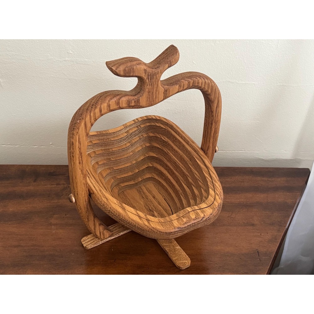 Vintage Hand Carved Wooden Collapsible Apple Shaped Fruit Basket Trivet